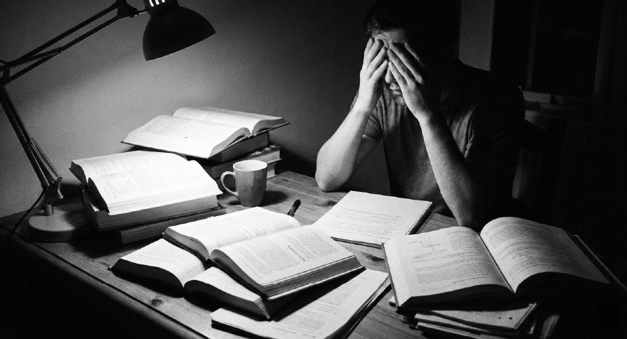 Student stressed at desk